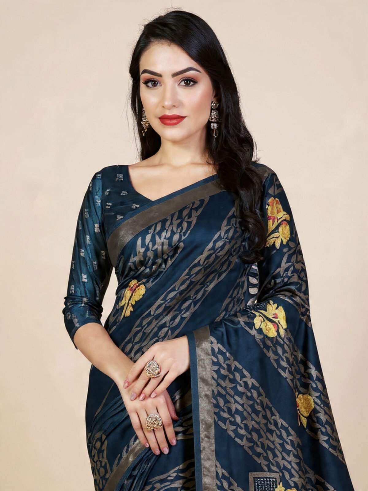 Elegant Dark Blue Saree with Gold Border and Floral Pattern