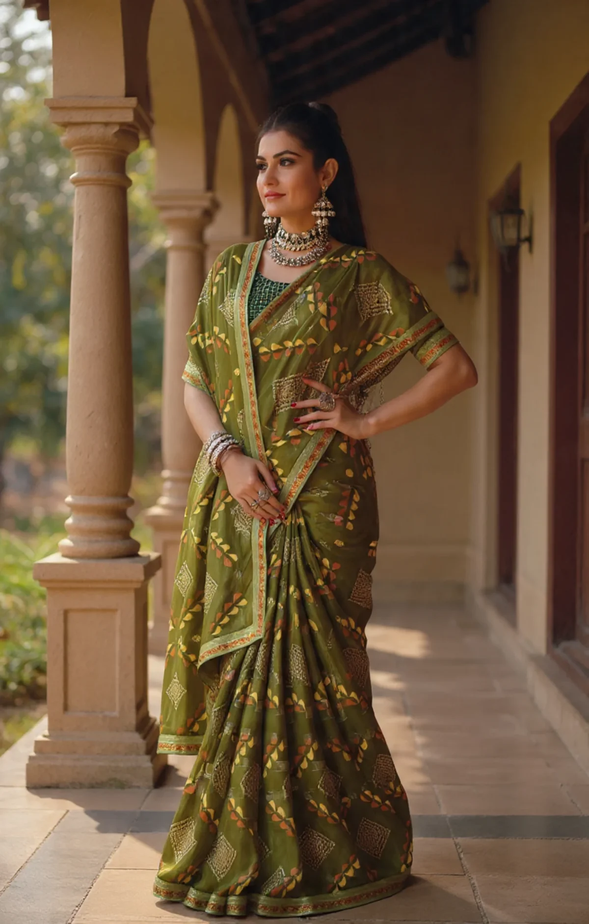 Green Floral Embroidered Saree