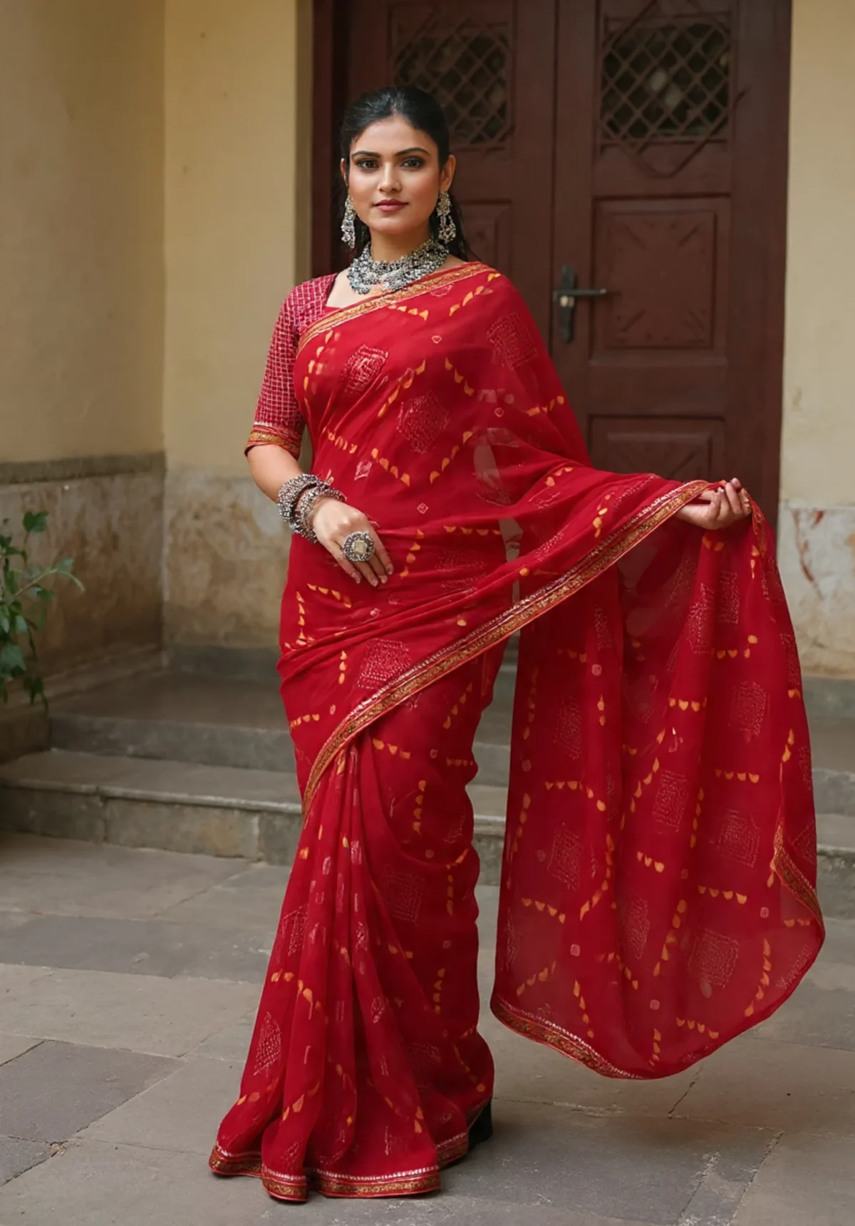Orange Bandhani Saree with Gold Accents