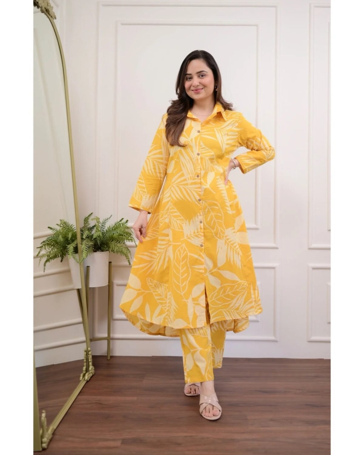 Yellow Cotton Kurti Pant Set with Leaf Print