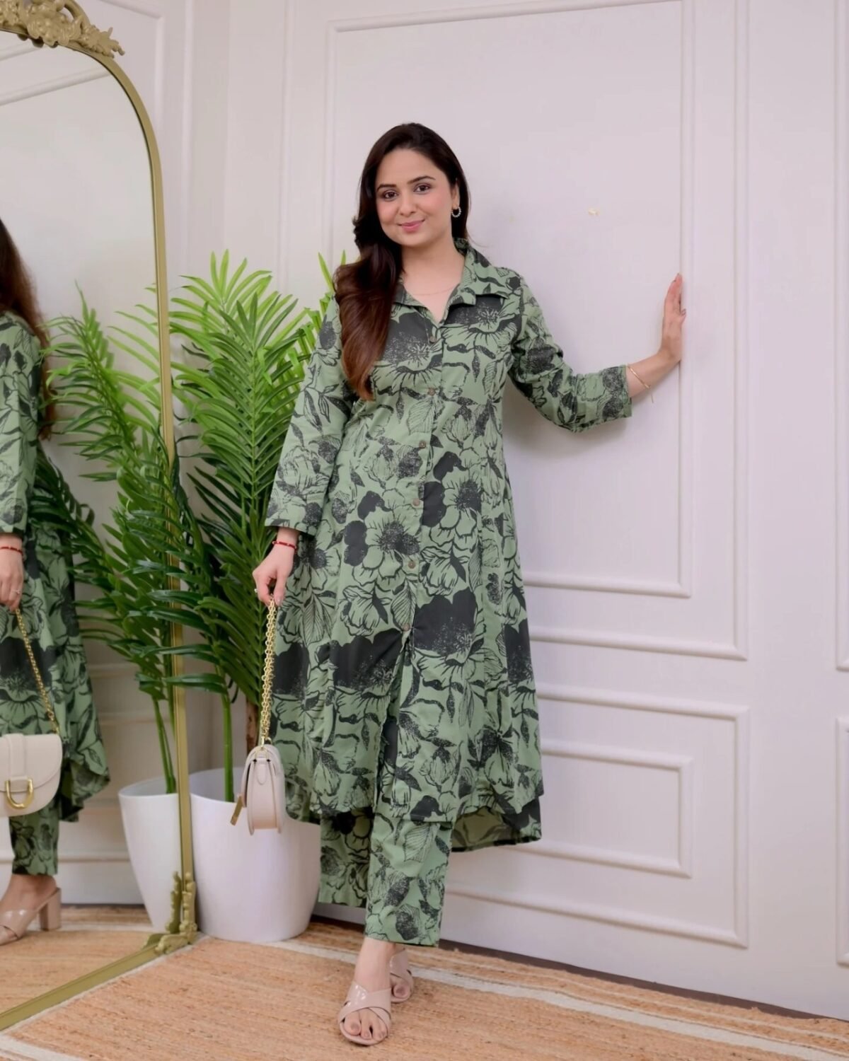 Dark Green Floral Cotton Kurti Pant Set